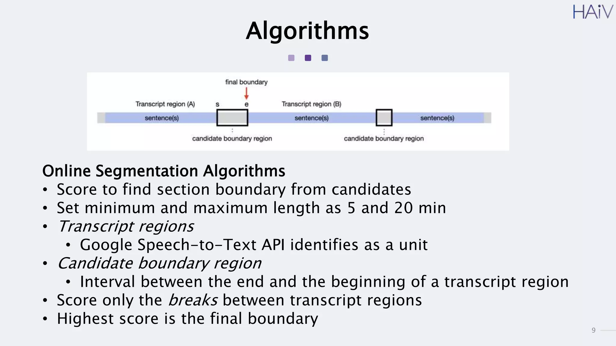 9
Algorithms
Online Segmentation Algorithms
• Score to find section boundary from candidates
• Set minimum and maximum length as 5 and 20 min
• Transcript regions
• Google Speech-to-Text API identifies as a unit
• Candidate boundary region
• Interval between the end and the beginning of a transcript region
• Score only the breaks between transcript regions
• Highest score is the final boundary
 