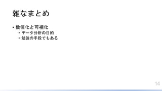 14
雑なまとめ
• 数値化と可視化
• データ分析の目的
• 勉強の手段でもある
 