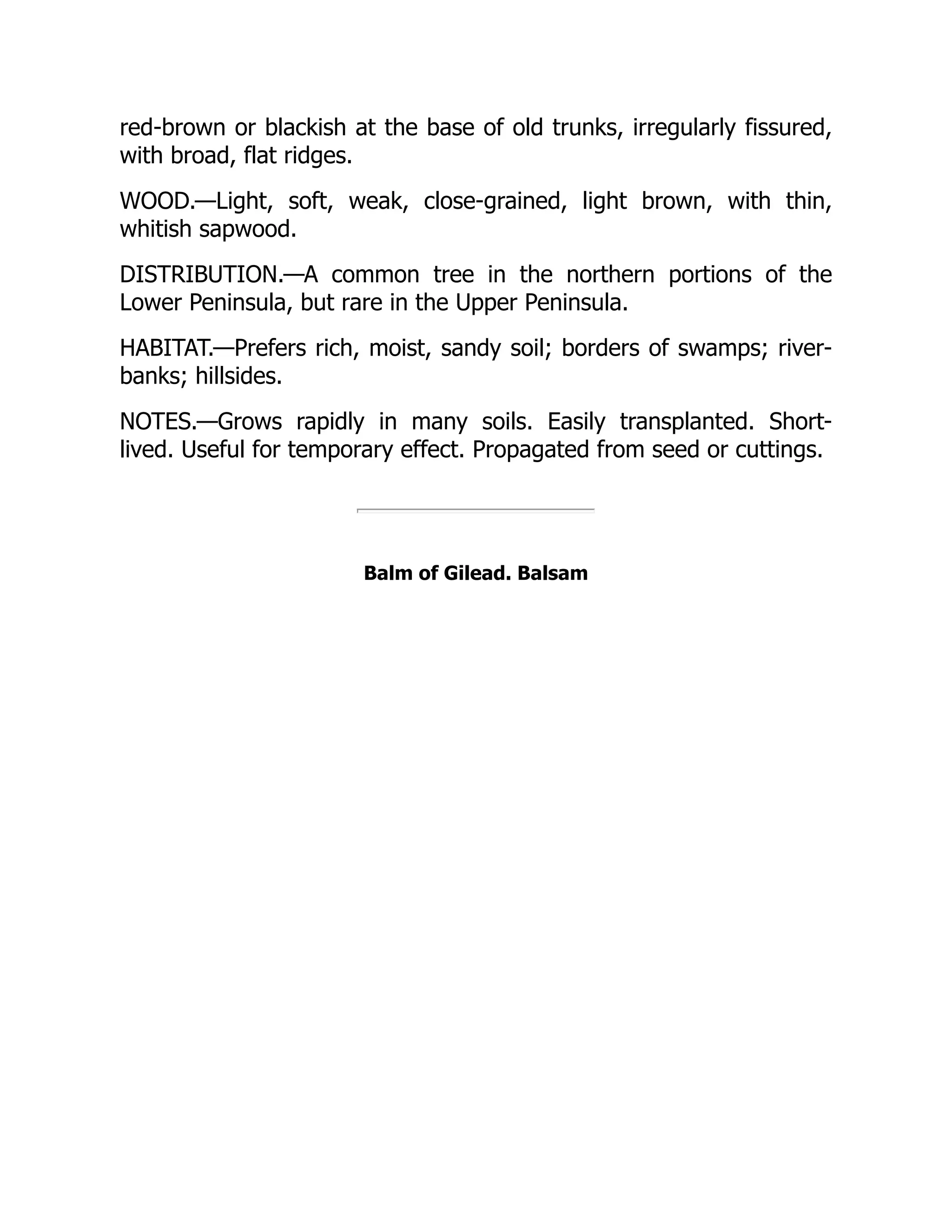 red-brown or blackish at the base of old trunks, irregularly fissured,
with broad, flat ridges.
WOOD.—Light, soft, weak, close-grained, light brown, with thin,
whitish sapwood.
DISTRIBUTION.—A common tree in the northern portions of the
Lower Peninsula, but rare in the Upper Peninsula.
HABITAT.—Prefers rich, moist, sandy soil; borders of swamps; river-
banks; hillsides.
NOTES.—Grows rapidly in many soils. Easily transplanted. Short-
lived. Useful for temporary effect. Propagated from seed or cuttings.
Balm of Gilead. Balsam
 
