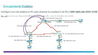 © 2013 Cisco and/or its affiliates. All rights reserved. Cisco Public 20
Configure una ruta estática en R1 para alcanzar la Loopback 0 de R3 ó 2001:db8:cafe:3333::3/128
No utilice ninguna dirección IPv6 de próximo salto, sino la interfaz de salida
 