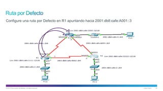 © 2013 Cisco and/or its affiliates. All rights reserved. Cisco Public 40
Configure una ruta por Defecto en R1 apuntando hacia 2001:db8:cafe:A001::3
 