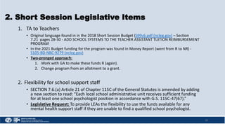 2. Short Session Legislative Items
1. TA to Teachers
• Original language found in in the 2018 Short Session Budget (S99v6.pdf (ncleg.gov) – Section
7.21 pages 28-30 - ADD SCHOOL SYSTEMS TO THE TEACHER ASSISTANT TUITION REIMBURSEMENT
PROGRAM
• In the 2021 Budget funding for the program was found in Money Report (went from R to NR) -
S105-BD-NBC-9279 (ncleg.gov)
• Two-pronged approach:
1. Work with GA to make these funds R (again).
2. Change program from an allotment to a grant.
2. Flexibility for school support staff
• SECTION 7.6.(a) Article 21 of Chapter 115C of the General Statutes is amended by adding
a new section to read: “Each local school administrative unit receives sufficient funding
for at least one school psychologist position in accordance with G.S. 115C-47(67).”
• Legislative Request: To provide LEAs the flexibility to use the funds available for any
mental health support staff if they are unable to find a qualified school psychologist.
10
 