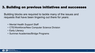 3. Building on previous initiatives and successes
Building blocks are required to tackle many of the issues and
requests that have been lingering out there for years:
• Mental Health Support Staff
• CTE/Workforce/New Computer Science Division
• Early Literacy
• Summer Academies/Bridge Programs
11
 