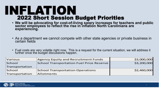 INFLATION
• We will be advocating for cost-of-living salary increases for teachers and public
sector employees to reflect the rise in inflation North Carolinians are
experiencing.
• As a department we cannot compete with other state agencies or private business in
certain fields
• Fuel costs are very volatile right now. This is a request for the current situation, we will address it
further once the budget discussions happen.
7
2022 Short Session Budget Priorities
 
