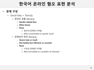 한국어 온라인 혐오 표현 분석
• 문제 구성
 Social bias + Toxicity
• 편견의 검출 (ternary)
– Gender-related bias
– Other biases
– None
» 탐지의 문제에 가까움
» Why concentrated on gender issue?
• 유해성의 판단 (ternary)
– Severe hate or insult
– Not hateful but offensive or sarcastic
– None
» 수위의 문제에 가까움
» Why formulated as a problem of intensity?
10
 