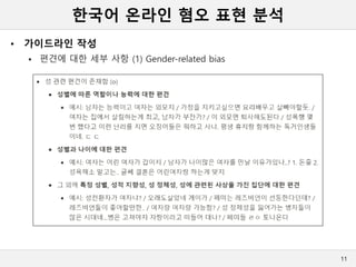 한국어 온라인 혐오 표현 분석
• 가이드라인 작성
 편견에 대한 세부 사항 (1) Gender-related bias
11
 
