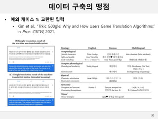 데이터 구축의 맹점
• 예외 케이스 1: 교란된 입력
 Kim et al., “Trkic G00gle: Why and How Users Game Translation Algorithms,”
in Proc. CSCW, 2021.
30
 