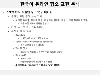 한국어 온라인 혐오 표현 분석
• BEEP! 에서 수집된 뉴스 댓글 데이터
 온라인 포털 연예 뉴스 기사
• 두터운 독자층, 타깃이 확실, 관찰되는 갈등이 특정 집단에 치우치지 않음
– 댓글 수집 배포에 문제는 없는가?
 기간: Jan. 2018 ~ Feb. 2020
 수집 기사 및 댓글
• Raw data:
– 10,403,368 from 23,700 articles
• 1,580 articles (by stratified sampling)
– 특정 기간에 몰리지 않도록
• Top 20 댓글
– Downvote 비율을 고려하여 추출 (Wilson Score)
• Removed?
– 중복된 댓글
– single token이나 100자 이상의 댓글
• 최종적으로, random한 10K개의 댓글 샘플링
8
 