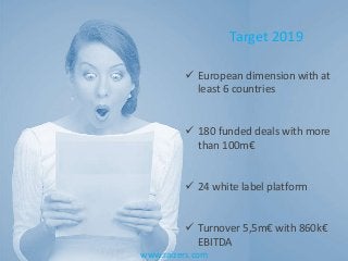 Document strictement confidentiel26/10/2016 3
Target 2019
 European dimension with at
least 6 countries
 180 funded deal...