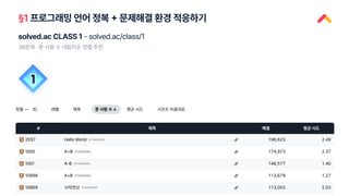 §1 프로그래밍 언어 정복 + 문제해결 환경 적응하기
solved.ac CLASS 1 - solved.ac/class/1
36문제 · 푼 사람 수 내림차순 정렬 추천
 