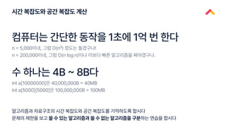 시간 복잡도와 공간 복잡도 계산
컴퓨터는 간단한 동작을 1초에 1억 번 한다
수 하나는 4B ~ 8B다
n = 5,000이네, 그럼 O(n²) 정도는 돌겠구나!
n = 200,000이네, 그럼 O(n log n)이나 이보다 빠른 알고리즘을 짜야겠구나.
int a[10000000]은 40,000,000B = 40MB
int a[5000][5000]은 100,000,000B = 100MB
알고리즘과 자료구조의 시간 복잡도와 공간 복잡도를 기억하도록 합시다
문제의 제한을 보고 쓸 수 있는 알고리즘과 쓸 수 없는 알고리즘을 구분하는 연습을 합시다
 