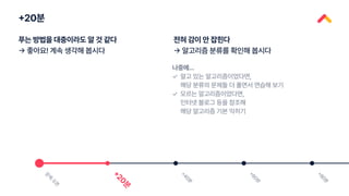 +20분
문
제
오
픈
+
2
0
분
+
4
0
분
+
6
0
분
+
8
0
분
푸는 방법을 대충이라도 알 것 같다
→ 좋아요! 계속 생각해 봅시다
전혀 감이 안 잡힌다
→ 알고리즘 분류를 확인해 봅시다
나중에...
✓
✓
알고 있는 알고리즘이었다면,
해당 분류의 문제들 더 풀면서 연습해 보기
모르는 알고리즘이었다면,
인터넷 블로그 등을 참조해
해당 알고리즘 기본 익히기
 