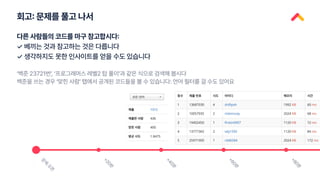회고: 문제를 풀고 나서
문
제
오
픈
+
2
0
분
+
4
0
분
+
6
0
분
+
8
0
분
다른 사람들의 코드를 마구 참고합시다:
✓
✓
베끼는 것과 참고하는 것은 다릅니다
생각하지도 못한 인사이트를 얻을 수도 있습니다
’백준 23721번’, ‘프로그래머스 레벨2 탑 풀이’과 같은 식으로 검색해 봅시다
백준을 쓰는 경우 ‘맞힌 사람’ 탭에서 공개된 코드들을 볼 수 있습니다: 언어 필터를 걸 수도 있어요
 