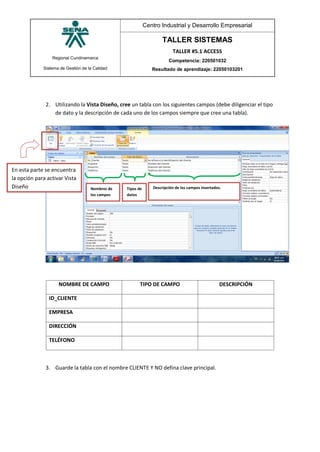 Regional Cundinamarca
Sistema de Gestión de la Calidad
Centro Industrial y Desarrollo Empresarial
TALLER SISTEMAS
TALLER #5.1 ACCESS
Competencia: 220501032
Resultado de aprendizaje: 22050103201
2. Utilizando la Vista Diseño, cree un tabla con los siguientes campos (debe diligenciar el tipo
de dato y la descripción de cada uno de los campos siempre que cree una tabla).
NOMBRE DE CAMPO TIPO DE CAMPO DESCRIPCIÓN
ID_CLIENTE
EMPRESA
DIRECCIÓN
TELÉFONO
3. Guarde la tabla con el nombre CLIENTE Y NO defina clave principal.
Nombres de
los campos
Tipos de
datos
Descripción de los campos insertados.
En esta parte se encuentra
la opción para activar Vista
Diseño
 