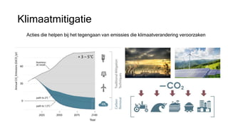 + 3 – 5°C
Klimaatmitigatie
Acties die helpen bij het tegengaan van emissies die klimaatverandering veroorzaken
 