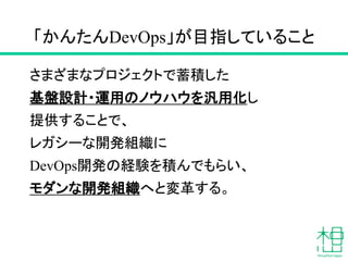 「かんたんDevOps」が目指していること
さまざまなプロジェクトで蓄積した
基盤設計・運用のノウハウを汎用化し
提供することで、
レガシーな開発組織に
DevOps開発の経験を積んでもらい、
モダンな開発組織へと変革する。
 