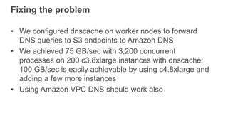 Fixing the problem
• We configured dnscache on worker nodes to forward
DNS queries to S3 endpoints to Amazon DNS
• We achi...