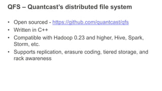 QFS – Quantcast’s distributed file system
• Open sourced - https://github.com/quantcast/qfs
• Written in C++
• Compatible ...