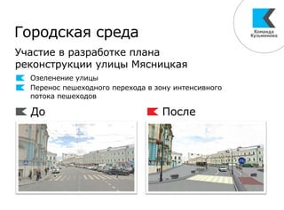 Участие в разработке плана
реконструкции улицы Мясницкая
Городская среда
Озеленение улицы
Перенос пешеходного перехода в зону интенсивного
потока пешеходов
До После
 