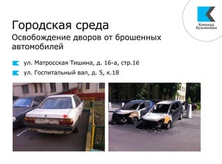Городская среда
Освобождение дворов от брошенных
автомобилей
ул. Матросская Тишина, д. 16-а, стр.1ё
ул. Госпитальный вал, д. 5, к.18
 