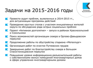 Задачи на 2015-2016 годы
Провести аудит проблем, выявленных в 2014-2015 гг.,
для актуализации программы действий
Проведение круглых столов с участием инициативных жителей
округа по обсуждению ряда острых социальных проблем
Проект «Активное долголетие» – запуск в районах Красносельский
и Сокольники
Поиск возможностей организации сквера в Орлово-Давыдовском
переулке
Продолжение работы по обустройству стадиона «Металлург»
Организация работ по очистке Путяевских прудов
Завершение работ по благоустройству сквера в Большом
Спасоглинищевском переулке
Повышение уровня информационно-разъяснительной работы
с собственниками жилых помещений многоквартирных домов
в сфере управления многоквартирными домами
 