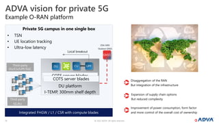© 2022 ADVA. All rights reserved.
15
Example O-RAN platform
ADVA vision for private 5G
DU platform
I-TEMP, 300mm shelf depth
CU
DU UPF
Local breakout
GNSS
Private 5G campus in one single box
Integrated FHGW / L1 / CSR with compute blades
Third-party
5G RU
Third-party
DU/CU/UPF/5GC
OSA 5405
Outdoor GNSS
COTS server blades
COTS server blades Disaggregation of the RAN
But integration of the infrastructure
Expansion of supply chain options
But reduced complexity
Improvement of power consumption, form factor
and more control of the overall cost of ownership
• TSN
• UE location tracking
• Ultra-low latency
 