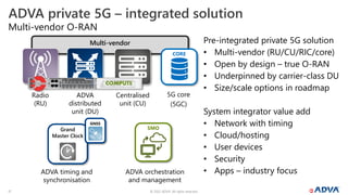 © 2022 ADVA. All rights reserved.
17
Multi-vendor
Multi-vendor O-RAN
ADVA private 5G – integrated solution
Pre-integrated private 5G solution
• Multi-vendor (RU/CU/RIC/core)
• Open by design – true O-RAN
• Underpinned by carrier-class DU
• Size/scale options in roadmap
System integrator value add
• Network with timing
• Cloud/hosting
• User devices
• Security
• Apps – industry focus
Grand
Master Clock
GNSS
SMO
ADVA orchestration
and management
ADVA timing and
synchronisation
Radio
(RU)
ADVA
distributed
unit (DU)
Centralised
unit (CU)
CORE
5G core
(5GC)
 