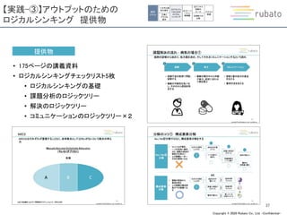 Copyright © 2020 Rubato Co., Ltd. –Confidential-
個別
スキル
①文字と図
形の操作
②表と
グラフの
操作
③アウトプッ
トのための
ロジカル
シンキング
⑤ビジネス
図解の
ルール
⑥図解での
比較
⑦グラフ
実践
④ストーリ
ーライン
実践編
【実践-③】アウトプットのための
ロジカルシンキング 提供物
37
提供物
• 175ページの講義資料
• ロジカルシンキングチェックリスト5枚
• ロジカルシンキングの基礎
• 課題分析のロジックツリー
• 解決のロジックツリー
• コミュニケーションのロジックツリー×２
 
