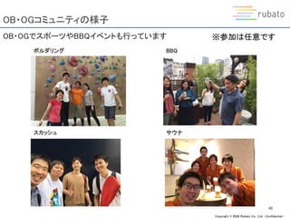 Copyright © 2020 Rubato Co., Ltd. –Confidential-
OB・OGコミュニティの様子
49
OB・OGでスポーツやBBQイベントも行っています
ボルダリング BBQ
スカッシュ
※参加は任意です
サウナ
 
