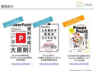 Copyright © 2020 Rubato Co., Ltd. –Confidential-
書籍紹介
6
『ドリルで学ぶ！
人を動かす資料のつくりかた』
日本経済新聞出版社
https://amzn.to/2XXSVUS
『PowerPoint資料作成
プロフェッショナルの大原則』
技術評論社
https://amzn.to/2zVtwTs
『この1冊で伝わる資料を作る!
PowerPoint 暗黙のルール 』
マイナビ出版
https://amzn.to/2Y126bb
 