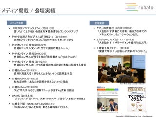 Copyright © 2020 Rubato Co., Ltd. –Confidential-
メディア掲載 / 登壇実績
7
メディア掲載
 PRESIDENT（プレジデント）(2020.1.31)
言いたいことが伝わる書き方▼箇条書きをワンランクアップ
 PHP研究所月刊ビジネス誌「THE21」（2019.9.10）
図解とグラフをうまく使えば「説明不要の資料」ができる
 PHPオンライン 衆知(2019.2.27)
外資系コンサルタントの「グラフ強調の黄金ルール」
 PHPオンライン 衆知(2019.2.26)
外資系コンサルが使う資料の「箇条書き」は"40文字以内“
 PHPオンライン 衆知 (2019.2.15)
外資系コンサル流 パワポ資料の作成時間を大幅に短縮する技術
 日経BizGate(2018.9.3)
資料が見違える！押さえておきたい6つの図解基本型
 日経BizGate(2018.8.22)
知れば納得！あなたが図解を使えない3つの理由
 日経BizGate(2018.8.20)
ジョブズ氏まねるな、図解で「一人歩きする」資料目指せ
 DANRO (2018.8.18)
大切なのは「思いやり」 資料作りのプロが語る「人を動かす極意」
 日経電子版 NIKKEI STYLE(2018.7.14)
「伝わらない」悩みを解消 刺さる資料はこうつくる
登壇実績
 ヤフー株式会社 LODGE (2019.2)
「人を動かす資料の大原則 働き方改革での
ドキュメント・コミュニケーションとは」
 アカデミーヒルズ（2017.1 / 2017.8)
「人を動かす！パワーポイント資料作成入門」
 日経電子版セミナー (2018.8)
「実践で学ぶ！人を動かす資料のつくりかた」
ヤフー株式会社 LODGEでのセミナー
 