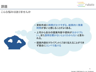 Copyright © 2020 Rubato Co., Ltd. –Confidential-
課題
9
こんな悩みはありませんか
• 資料作成に時間がかけすぎる、結果的に残業
時間が多いと感じることがよくある。
• 上司から自分の提案内容や資料が分かりづら
い、また説明を聞かないとよくわからないと言わ
れる。
• 提案内容をクライアントにうまく伝えることができ
ず競合にコンペで負ける
 