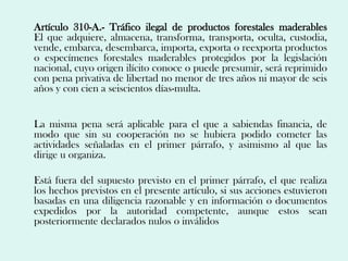 Artículo 310-A.- Tráfico ilegal de productos forestales maderables
El que adquiere, almacena, transforma, transporta, oculta, custodia,
vende, embarca, desembarca, importa, exporta o reexporta productos
o especímenes forestales maderables protegidos por la legislación
nacional, cuyo origen ilícito conoce o puede presumir, será reprimido
con pena privativa de libertad no menor de tres años ni mayor de seis
años y con cien a seiscientos días-multa.


La misma pena será aplicable para el que a sabiendas financia, de
modo que sin su cooperación no se hubiera podido cometer las
actividades señaladas en el primer párrafo, y asimismo al que las
dirige u organiza.

Está fuera del supuesto previsto en el primer párrafo, el que realiza
los hechos previstos en el presente artículo, si sus acciones estuvieron
basadas en una diligencia razonable y en información o documentos
expedidos por la autoridad competente, aunque estos sean
posteriormente declarados nulos o inválidos
 