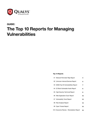guide :

The Top 10 Reports for Managing
Vulnerabilities




                     Top 10 Reports


                     	 #1	 Network Perimeter Map Report           4


                     	 #2	 Unknown Internal Devices Report        5

                     	 #3	 SANS Top 20 Vulnerabilities Report     7
                     	
                     	 #4	 25 Most Vulnerable Hosts Report        8

                     	 #5	 High Severity Technical Report         9

                     	 #6	 Web Application Scan Report            10

                     	 #7	 Vulnerability Trend Report             12

                     	 #8	 Risk Analysis Report                   13

                     	 #9	 Open Tickets Report                    15

                     #10	 Executive Review - Remediation Report   16
 