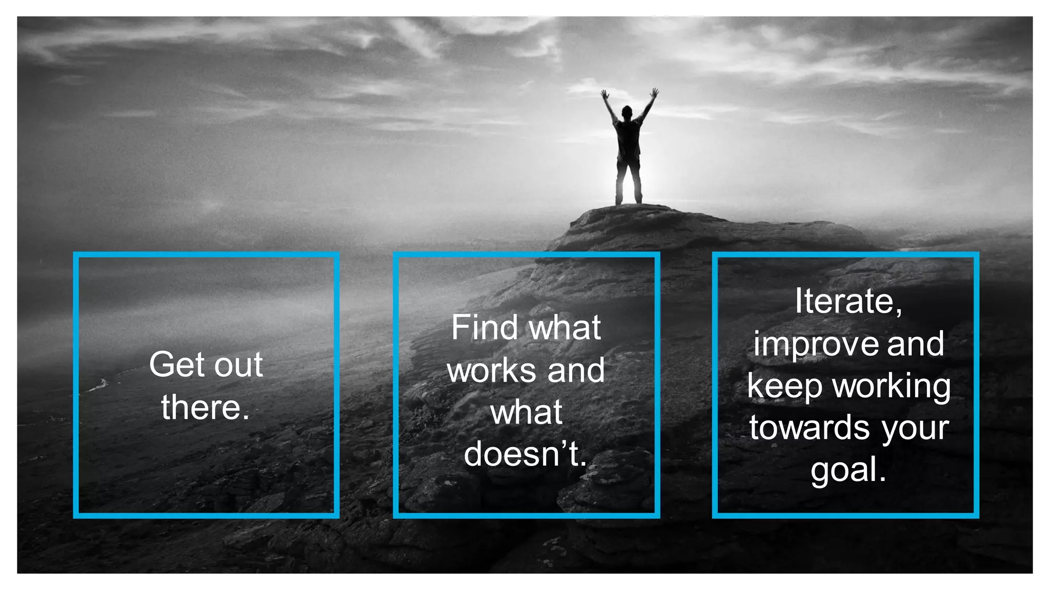 Get out
there.
Find what
works and
what
doesn’t.
Iterate,
improve and
keep working
towards your
goal.
 