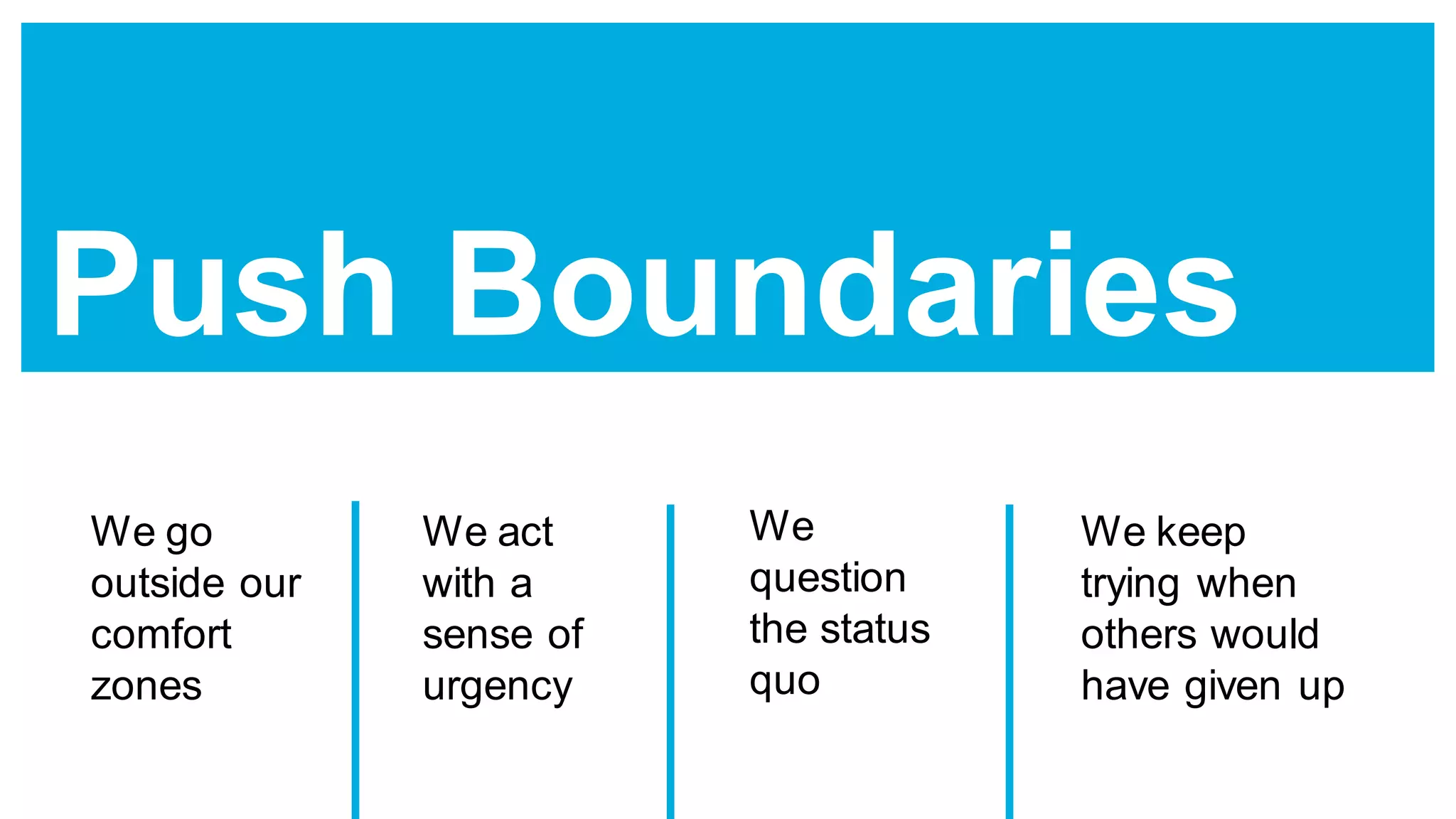 Push Boundaries
We go
outside our
comfort
zones
We act
with a
sense of
urgency
We
question
the status
quo
We keep
trying when
others would
have given up
 