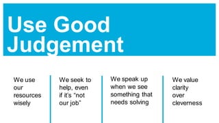 Use Good
Judgement
We use
our
resources
wisely
We seek to
help, even
if it’s “not
our job”
We speak up
when we see
something that
needs solving
We value
clarity
over
cleverness
 