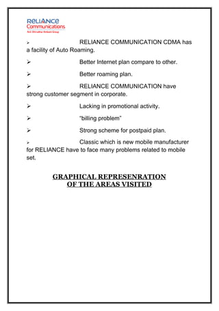                      RELIANCE COMMUNICATION CDMA has
a facility of Auto Roaming.

                 Better Internet plan compare to other.

                 Better roaming plan.

                  RELIANCE COMMUNICATION have
strong customer segment in corporate.

                 Lacking in promotional activity.

                 “billing problem”

                 Strong scheme for postpaid plan.
                Classic which is new mobile manufacturer
for RELIANCE have to face many problems related to mobile
set.


         GRAPHICAL REPRESENRATION
            OF THE AREAS VISITED
 