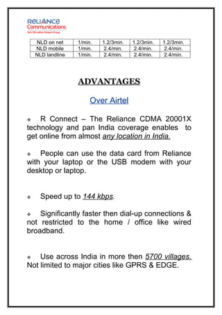 NLD on net     1/min.   1.2/3min.   1.2/3min.   1.2/3min.
    NLD mobile     1/min.    2.4/min.    2.4/min.    2.4/min.
    NLD landline   1/min.    2.4/min.    2.4/min.    2.4/min.




                   ADVANTAGES

                        Over Airtel

   R Connect – The Reliance CDMA 20001X
technology and pan India coverage enables to
get online from almost any location in India.

   People can use the data card from Reliance
with your laptop or the USB modem with your
desktop or laptop.


     Speed up to 144 kbps.

   Significantly faster then dial-up connections &
not restricted to the home / office like wired
broadband.


   Use across India in more then 5700 villages.
Not limited to major cities like GPRS & EDGE.
 
