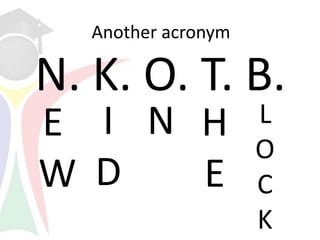Another acronym

N. K. O. T. B.
E I N H              L
                     O
W D   E              C
                     K
 