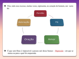  Pois, todo esse excesso, muitas vezes, representa, no coração do homem, um vazio
  de:




 É que sem Deus é impossível a pessoa sair desse buraco – Depressão - em que se
  meteu ou para o qual foi empurrada.
 