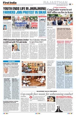 AMID OPPOSITION BY FAMILIES,
GIRLS ADAMANT TO TIE THE KNOT
Udaipur: A unique case of same-sex marriage came to the
fore in Udaipur court on Tuesday, where two girls were
adamant about living together for life even though family
members kept explaining them. The two girls hail from
Ajmer city and belong to the same community. Both were
missing from their house for the last 2.5 months. On the
orders of Jhadol court, the police took them to the Udaipur
court. During hearing, their relatives were convincing
them that it is not possible to live together for
life. However, they didn’t pay heed to it and
pledged to live and die together. A search
warrant was issued and a team was formed
to search them. These girls were detained
in Narayanpura, Delhi and from there they
were brought to the court and later sent
to a Nari Niketan, police said.
RAJASTHAN
JAIPUR | WEDNESDAY, JUNE 22, 2022
03
www.firstindia.co.in I https://firstindia.co.in/epapers/jaipur I twitter.com/thefirstindia I facebook.com/thefirstindia I instagram.com/thefirstindia
First India Bureau
Nagaur: A police con-
stable was arrested and
an SHO was suspended
in Nagaur after they
were allegedly found en-
gaged in a homosexual
relationship and ex-
change of nude content.
Police informed the
SHO was blackmailed
by the constable, follow-
ing which, he was ar-
rested. “The accused
has been identified as
Pradeep Bajya (32), a
constable posted at De-
gana Police Station in
Nagaur. The act be-
tween the two came to
light when the Sub In-
spector filed a com-
plaint to SP Nagaur al-
leging that he was being
blackmailed by a police
constable,” police said.
“Both of them came in
contact with each other
through Facebook.
Pradeep Bajya allegedly
blackmailed the SHO by
leveraging his nude vid-
eos which he had saved
electronically and
shared with him during
a video call. The consta-
ble threatened the SHO
and took Rs. 2.5 lakh
from him. Later, he de-
manded Rs. 5 lakh and a
luxury car. The SHO
then filed a complaint
against him. Both of
them were suspended,
while the constable had
even been arrested,”
added police.
Cop couple face music for unbecoming conduct
TWO DIFFERENT TALES IN ‘PRIDE MONTH’
YOUTH ENDS LIFE IN JHUNJHUNU;
FARMERS JOIN PROTEST IN SIKAR
Police said the youth was depressed over cancellation of various exams  Agnipath
First India Bureau
Chirawa (Jhunjhunu):
A youth allegedly com-
mitted suicide by hang-
inghimself
from a ceil-
ing fan in
J h u n j -
hunu’s Chi-
rawa town
on Tuesday
.
Police informed the
youth was in depression
over the cancellation of
various competitive ex-
ams. “The deceased had
beenidentifiedasAnkit,
a resident of Bhorki vil-
lage in Jhunjhunu. The
victim’s sister had gone
to a government school
on Tuesday morning to
attend the International
Yoga Day celebrations.
Meanwhile, Ankit com-
mitted suicide by hang-
ing himself from a ceil-
ing fan at home,” added
police. “The boy was
preparing for competi-
tive exams and was de-
pressed over the cancel-
lation of the police re-
cruitment exam and
Army examination. It is
suspected that the boy
was under mental pres-
sure due to which he
took the extreme step,”
added police.
SAINT BERNARD
ATTACKS LADY,
SHIFTED BY JMCG
RSGL’s GAS
SUPPLY UP BY 1.5
TIMES IN KOTA
Jaipur: A Saint Ber-
nard dog who attacked
an elderly woman twice
was shifted to a cattle
shelter home by a team
of JMCG and police. It
was a pet dog of the
woman’s daughter-
in-law who opposed
the team and initially
refused to allow the
civic body team to take
the dog. However, the
woman was convinced
and the dog was shifted.
78-year old woman,
who lives in Mahaveer
Nagar, gave a complaint
to Bajaj Nagar police
station and JMCG in this
regard. —Bharat Dixit
Jaipur: Rajasthan State
Gas Ltd has increased
the daily supply of nat-
ural gas by more than
one and a half times.
ACS Mines  Chairman
RSGL Dr Subodh Agar-
wal informed that gas
is being made available
at CNG stations in Kota
through online portal.
Addressing a meeting
of the Board Directors,
Agrawal said that due to
the online system, there
has been a significant
positive change in gas
availability and distribu-
tion system and 9 CNG
stations have been set
up in Kota. —Nirmal Tiwari
Jaipur: CM Ashok Gehlot has approved the proposal
to upgrade Bhojusar Upadhyan and Bhojasar Chhota
Sub Health Center of Sardarshahar Panchayat Samiti
in Churu district to Primary Health Center. It is note-
worthy that due to the long-standing demand of the
local public representatives and the general public,
Gehlot has taken this decision by relaxing the rules.
With this decision of CM Gehlot, people will be able
to get better treatment and other health services at
the local level itself.
CM APPROVES PROPOSAL TO UPGRADE
SARDARSHAHAR’S SHC INTO PHC
In Sikar, the Agnipath scheme of the Central Government was opposed by taking out an outcry rally
on behalf of the All India Kisan Sabha on Tuesday.
Jaipur: The effect of corona virus is being seen again
in Rajasthan. Rajasthan’s Transport and Road Safety
Minister Brijendra Singh Ola
has also come in the grip of this
virus. Ola tweeted and informed
his contacts to take precautions.
CM Ashok Gehlot and former
Dy CM Pilot have tweeted and
wished Ola a speedy recovery.
Meanwhile on Tuesday, state re-
ported 114 new fresh cases of Covid-19, with Jaipur
being at top with 39 cases and Bikaner recorded 25.
Active cases in the state now stands at 708. Amid
this surge no new death was reported.
CORONA UPDATE: 114 FRESH CASES IN
STATE; MINISTER OLA TESTS POSITIVE
NEWS DIGEST
STIR OVER BLACK INK ON GSS
MEETING THE NEW APPOINTEES
The newly appointed Chief Justice of Rajasthan High Court Sambhaji Shiwaji Shinde met
Governor Kalraj Mishra on Tuesday morning at Raj Bhavan before taking the oath.
Newly elected member of Rajya Sabha Ghanshyam Tiwari met Kalraj Mishra at Raj Bhavan
here on Tuesday. It was his courtesy call after the election.
Lizard or Fish in
Kachori? Firm
lodges FIR
Karina Sharma
Jaipur: In the matter of
a dead lizard allegedly
found inside a kachori
at Rawat Mishthan
Bhandar on Sunday
, the
sweet shop manager
Shankar Bishnoi has
lodged a case of black-
mail at Shyam Nagar
police station while al-
leging conspiracy to
malign image of firm.
Akhil Aggarwal, resi-
dent of Vaishali Nagar,
claimed that when he
ate half a kachori, he
noticed a dead lizard in-
side it. Manager
Shankar Bishnoi said
that on June 1 Akhil and
his friend had bought
kachori from the shop
and complained of a liz-
ard inside but when the
staff checked it looked
like a fish.”
PWD Executive Engineer,broker
in ACB net with `2 Lakh bribe
Ashish Choudhary
Rajsamand: A team of
ACB Bhilwara on Tues-
day arrested Kesram
Meena, Executive Engi-
neer of Public Works
Department and a con-
tractor red-handed
while accepting a bribe
of Rs 2 lakh at Bhim in
Rajsamand district. The
accused had sought the
bribe in lieu of clearing
a bill of Rs 98 lakh for
road construction. The
team held him from the
XEN’s residence.
The complainant
Thakur Singh, resident
of Bhim, had made
some roads for which a
bill of Rs 1.16 crore was
presented in the PWD
office 3.5 years ago of
which payment of Rs 12
lakh was cleared while
payment of Rs 98 lakh
was pending. In lieu of
the pending payment,
ExecutiveEngineerKes-
ram Meena on 10 June
2022 demanded a bribe
of Rs 5 lakh in a week.
Thakur Singh com-
plained to the ACB on
June 14, on which Rs 1
lakh was given to
the complainant on
June 17 and the com-
plaint was verified. The
rest Rs 2 lakh were to be
paid on Tuesday when
the trap was laid.
Bhanwar S Charan
Kota: The Congress
leaders in Kota on Tues-
day protested against
the Enforcement Direc-
torate (ED) summons to
Rahul Gandhi. Con-
gress leaders led by
Amit Dhariwal reached
the District Collectorate
and raised slogans
against the BJP govern-
ment and ED.
Congress leader Ra-
jendra Sankhla said
that we don’t know
about Rajasthan or In-
dia, but we will set
ablaze the office of the
Bhartiya Janta Party
and we are not afraid of
ED or Income Tax. Talk-
ing to media persons,
Congress leader Amit
Dhariwal said that our
national leaders like Ra-
hul Gandhi and Sonia
Gandhi are being har-
assed by ED and CBI.
“For the last five days,
Rahul Gandhi has been
questioned for 10 hours
every day, but nothing
has come out. Still, we
are being suppressed,”
said Amit Dhariwal.
Congress workers protesting in Kota against ED summons to RaGa in Delhi on Tuesday.
IF RAHUL IS ARRESTED...
Cong leader warns to set
BJP office on fire in Kota
CONG ORG ELECTIONS ON
HOLD DUE TO ED, AGNIPATH
Jaipur: The Congress organization elections have
been put on hold for the time being, first due to Rajya
Sabha elections and now due to the agitation against
ED probing the Rahul Gandhi over National Herald case
and Agnipath scheme. Elections of 400 block Congress
committees in Rajasthan are stuck. These elections
were to be completed by June 15. Although earlier this
work was to be done only on June 8, but at that time
the RS polls came. CM Gehlot talked to the national in-
charge of Congress organization elections Madhusudan
Mistry and postponed the elections. — Yogesh Sharma
MINISTER ARJUN
MEGHWAL ON ‘ED
GRINDING RaGa’
PRESIDENT HOUSE
INSTRUCTS TO
TAKE ACTION
Jaipur: Union minister
Arjun Ram Meghwal on
Tuesday said that no one
is above law and Ra-
hul Gandhi should give
replies to the Enforcement
Directorate. He said that
nothing is being done in
retaliation by the ED. The
minister said that if Rahul
Gandhi is not a culprit in
money laundering, then
he should give answers to
the ED and let the ED do
its work. He alleged that
money laundering was
done through a company
of Kolkata which was given
commission of Rs 1 lakh.
Bundi: On a petition to the
President about highhand-
edness of the Delhi police
against Congress protes-
tors, the President’s Sec-
retariat has instructed the
Ministry of Home Affairs
to take action. Charmesh
Sharma, Congress leader
from Bundi, said that Sahil
Ghosh Rai, Joint Secretary,
MHA has been appointed
as an officer to take action
in this matter. The Presi-
dent’s Secretariat, in its of-
ficial order, has also asked
the petitioner to directly
contact the Joint Secretary
MHA for further action.
5 more dead Chinkaras
found; toll rises to 14
Suryaveer S Tanwar
Jaipur: Nearly 14
Chinkaras have been
found dead near a so-
lar plant in Jaisalmer
district in the last 2
days. Animal lovers
suspect that the
Chinkaras were killed
by the people of the
solar company
.
Carcasses of 6 deer
were found on Sunday
and three of them
were pregnant, and 5
Chinkaraswerefound
dead on Tuesday in
Lakhasar village.
After the recovery
of carcasses on Sun-
day, a delegation of
Shreejambheshwar
Environment and
Wildlife Protection or-
ganisation met dis-
trict collector Dr Prat-
ibha Singh demand-
ing FIR against the
culprits. On Tuesday,
the wildlife lovers
tried to enter the solar
plant to talk about the
incident with the
staffers there but they
were not allowed to go
inside the plant. Ac-
tivists R Pemani al-
leged that employees
of the solar plant have
killed the deer.
New Calendar: Schools
to open from July 1
First India Bureau
Jaipur: All govt and
private schools in the
state will open from
June 24. However, the
regular classes for stu-
dents will open from
July 1. Teachers will
have to reach school
from June 24.
At the same time, the
last date for admission
in all the schools has
been declared as July
15. The Education dept
has issued instructions
in this regard while re-
leasing the calendar for
the session 2022-23
along with starting the
general admission pro-
cess, whichwill be con-
ducted in two phases.
Mid-session holidays
schools will be from Oc-
tober 19-31, 2022, while
winter vacations will be
from December 25, 2022,
to January 5, 2023. The
summer vacation will
be from May 17- June 23
in 2023. After the final
examination, the stu-
dents should be given
temporary admission.
A chinkara caught under the
net and died there.
The constable blackmailed the SHO
by leveraging his nude videos re-
corded on mobile. A departmental
inquiry has been initiated against both per-
sonnel. —Ram Murty Joshi, Nagaur SP
 