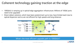© 2022 ADVA. All rights reserved.
2
Coherent technology gaining traction at the edge
• 100Gbit/s is ramping up in optical edge aggregation infrastructure. Millions of 10GbE ports
need to be upgraded
• Direct-detect solutions, which have been predominant up to now, have limited reach due to
optical dispersion and so are not efficient for high speeds and long distances
What’s the most efficient upgrade path to 100Gbit/s?
Broadband
access
Mobile
access
Business
services
HFC
Fronthaul
CCAP
IP
FTTH
RPD
ODN
RU
Core
Edge access Edge aggregation
Coherent technology
 
