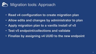 Migration tools: Approach
• Read v4 configuration to create migration plan
• Allow edits and changes by administrator to plan
• Apply migration plan to a vanilla install of v5
• Test v5 endpoint/collections and validate
• Finalize by assigning v4 UUID to the new endpoint
11
 