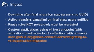 Impact
• Downtime after final migration step (preserving UUID)
• Active transfers cancelled on final step; users notified
...