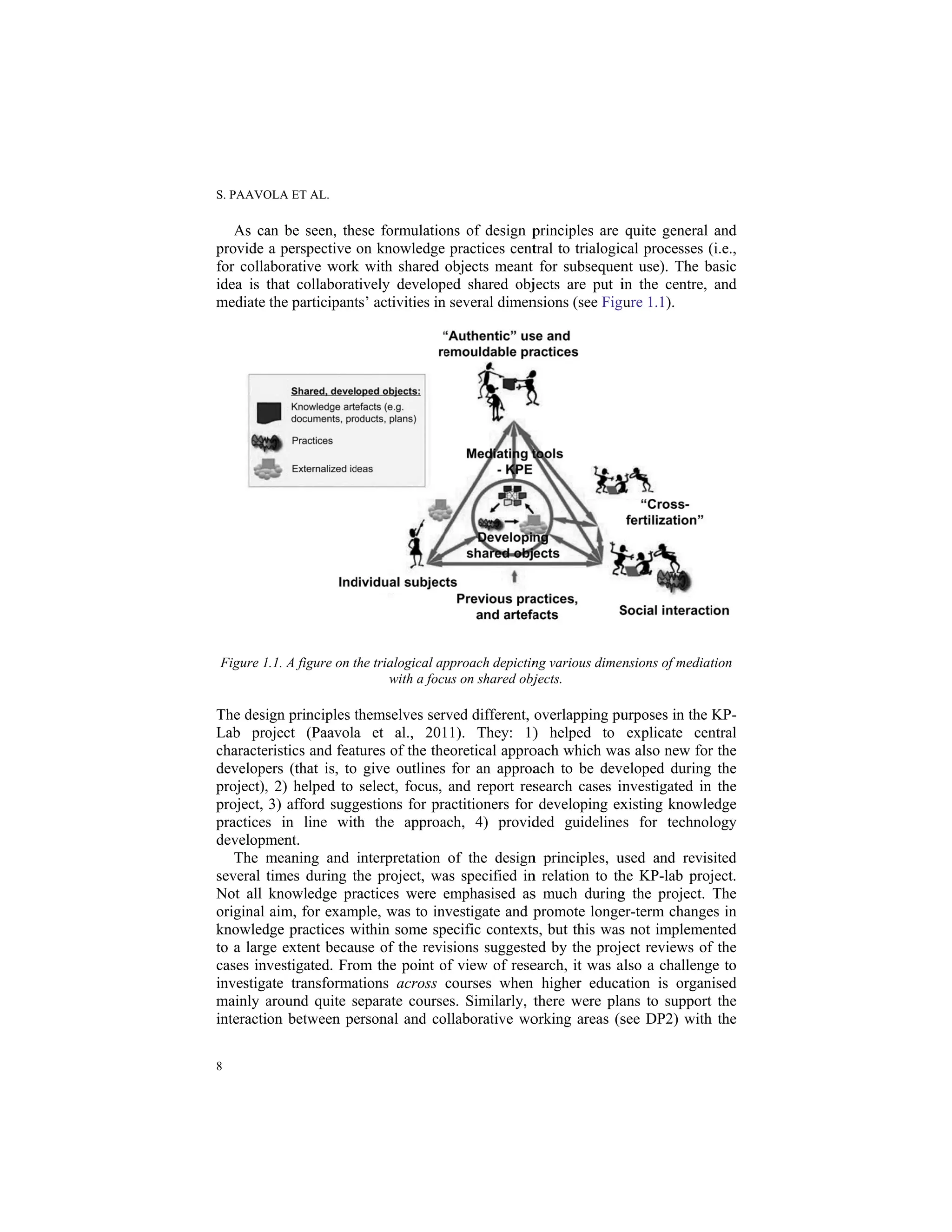 S. PAAVO
8
As ca
provide
for colla
idea is t
mediate
Figure 1
The desi
Lab pro
characte
develope
project),
project,
practices
developm
The m
several t
Not all
original
knowled
to a larg
cases inv
investiga
mainly a
interacti
OLA ET AL.
an be seen, the
a perspective
aborative work
that collaborat
the participant
1.1. A figure on t
ign principles t
oject (Paavola
eristics and feat
ers (that is, to
, 2) helped to
3) afford sugg
s in line wit
ment.
meaning and
times during t
knowledge pr
aim, for exam
dge practices w
ge extent becau
vestigated. Fro
ate transforma
around quite s
on between pe
ese formulatio
on knowledge
k with shared
tively develop
ts’ activities in
the trialogical ap
with a foc
themselves ser
a et al., 201
tures of the the
o give outlines
select, focus,
gestions for pr
th the approa
interpretation
the project, wa
ractices were e
mple, was to in
within some sp
use of the revi
om the point o
ations across
separate course
ersonal and co
ons of design p
practices cent
objects meant
ped shared obj
n several dimen
pproach depictin
us on shared obj
rved different,
11). They: 1)
eoretical appro
s for an approa
and report res
actitioners for
ach, 4) provid
of the design
as specified in
emphasised as
nvestigate and p
pecific contexts
isions suggeste
of view of rese
courses when
es. Similarly, t
ollaborative wo
principles are
tral to trialogic
for subsequen
jects are put i
nsions (see Figu
ng various dimen
jects.
overlapping pu
) helped to
oach which wa
ach to be dev
search cases in
developing ex
ded guideline
n principles, u
n relation to th
s much during
promote longe
s, but this was
ed by the proje
earch, it was a
higher educa
there were pla
orking areas (s
quite general
cal processes (
nt use). The b
in the centre,
ure 1.1).
nsions of mediat
urposes in the
explicate cen
as also new for
veloped during
nvestigated in
xisting knowle
s for technol
used and revis
he KP-lab proj
g the project.
er-term change
s not implemen
ect reviews of
also a challeng
ation is organ
ans to support
see DP2) with
and
(i.e.,
basic
and
tion
KP-
ntral
r the
the
the
edge
logy
sited
ject.
The
es in
nted
f the
ge to
ised
the
h the
 