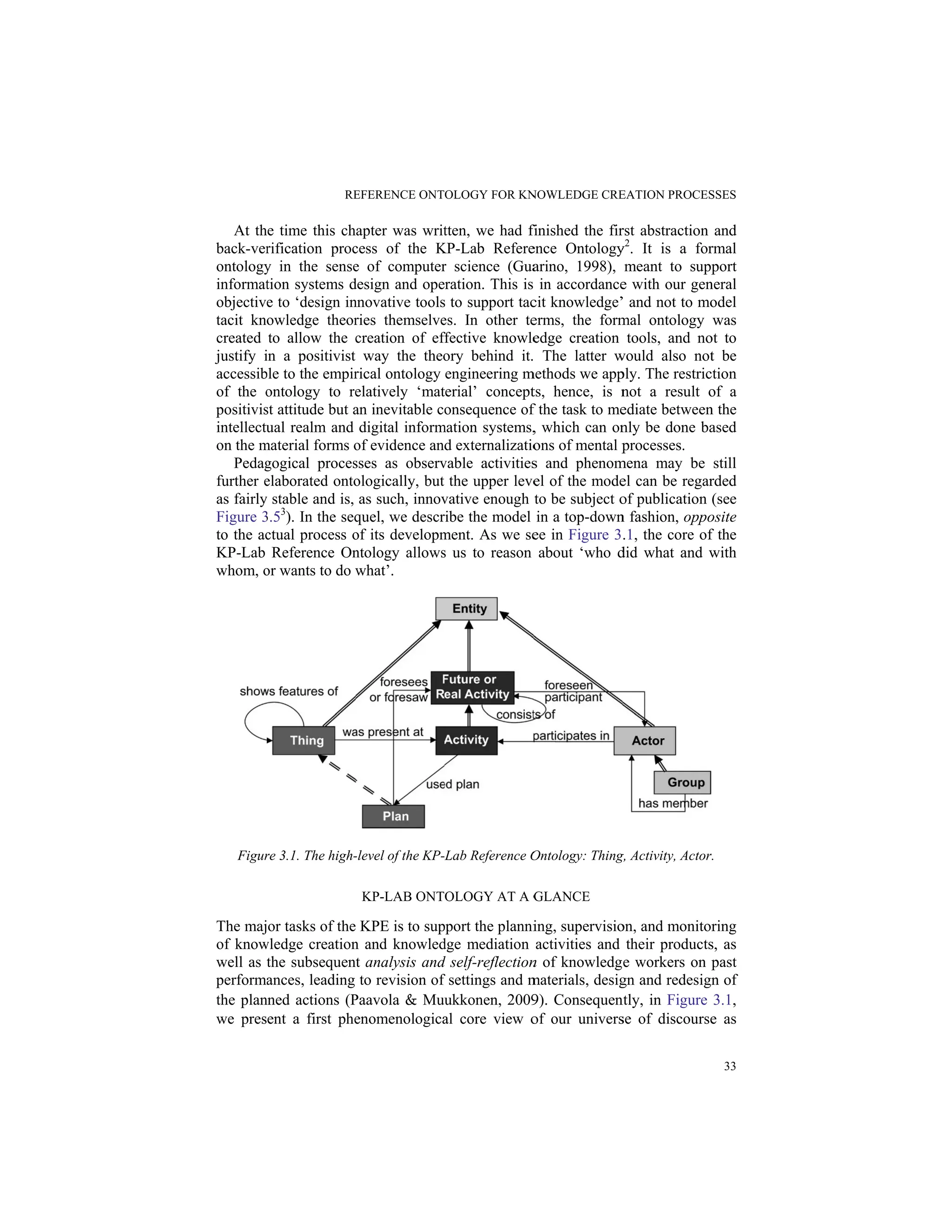 At th
back-ver
ontology
informat
objectiv
tacit kn
created
justify i
accessib
of the o
positivis
intellectu
on the m
Pedag
further e
as fairly
Figure 3
to the ac
KP-Lab
whom, o
Figur
The maj
of know
well as
performa
the plan
we pres
RE
he time this ch
rification proc
y in the sense
tion systems d
e to ‘design in
owledge theor
to allow the c
in a positivist
ble to the empir
ontology to re
st attitude but a
ual realm and
material forms o
gogical proces
elaborated onto
y stable and is,
3.53
). In the seq
ctual process o
Reference On
or wants to do w
re 3.1. The high-
or tasks of the
wledge creation
the subsequen
ances, leading
nned actions (P
ent a first phe
EFERENCE ONT
apter was writ
cess of the K
e of computer
design and ope
nnovative tools
ries themselve
creation of eff
way the theo
rical ontology
elatively ‘mat
an inevitable co
digital inform
of evidence and
sses as observ
ologically, but
as such, innov
quel, we descr
of its developm
ntology allows
what’.
-level of the KP-L
KP-LAB ONT
KPE is to sup
n and knowled
t analysis and
to revision of
Paavola & Muu
enomenologica
OLOGY FOR KN
tten, we had fi
KP-Lab Refere
r science (Gua
ration. This is
s to support tac
es. In other te
ffective knowle
ory behind it.
engineering m
terial’ concept
onsequence of
mation systems,
d externalizatio
vable activities
the upper leve
vative enough
ribe the model
ment. As we se
s us to reason
Lab Reference O
OLOGY AT A G
pport the planni
dge mediation
d self-reflection
f settings and m
ukkonen, 2009
al core view o
NOWLEDGE CRE
finished the fir
ence Ontology
arino, 1998),
in accordance
cit knowledge’
erms, the form
edge creation
The latter w
methods we app
ts, hence, is n
f the task to me
, which can on
ons of mental p
s and phenom
el of the mode
to be subject o
in a top-down
ee in Figure 3
about ‘who d
Ontology: Thing
GLANCE
ing, supervisio
activities and
n of knowledg
materials, desig
9). Consequen
of our univers
EATION PROCES
rst abstraction
y2
. It is a for
meant to supp
e with our gen
’ and not to mo
mal ontology
tools, and no
would also not
ply. The restric
not a result o
ediate between
nly be done ba
processes.
mena may be
el can be regar
of publication
n fashion, oppo
.1, the core of
did what and w
g, Activity, Actor
on, and monitor
their products
e workers on p
gn and redesign
ntly, in Figure
se of discourse
SSES
33
and
rmal
port
neral
odel
was
ot to
t be
ction
of a
n the
ased
still
rded
(see
osite
f the
with
.
ring
s, as
past
n of
3.1,
e as
 