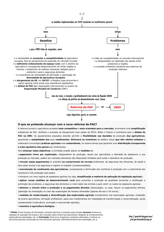 (…)
(…)
Problemas
Problemas
Desafios
Desafios
as medidas implementadas em 1999 revelaram
as medidas implementadas em 1999 revelaram-
-se insuficientes perante
se insuficientes perante
antigos
antigos
novos
novos
•
• a falta de competitividade no mercado internacional
a falta de competitividade no mercado internacional
•
• a desigualdade na repartição dos apoios entre
a desigualdade na repartição dos apoios entre
produtores e regiões
produtores e regiões
•
• a pressão ambiental resultante dos sistemas de
a pressão ambiental resultante dos sistemas de
produção
produção intensiva
intensiva
•
• a necessidade de
a necessidade de aumentar a competitividade
aumentar a competitividade da agricultura
da agricultura
europeia, face às perspectivas de expansão do mercado mundial
europeia, face às perspectivas de expansão do mercado mundial
•
• o
o deficiente ordenamento do espaço rural
deficiente ordenamento do espaço rural, com o declínio da
, com o declínio da
agricultura e consequente despovoamento de certas regiões e,
agricultura e consequente despovoamento de certas regiões e,
noutras, o predomínio de práticas intensivas nefastas para o
noutras, o predomínio de práticas intensivas nefastas para o
ambiente e para a segurança
ambiente e para a segurança alimentar
alimentar
•
• a consciência da necessidade de afirmação e valorização da
a consciência da necessidade de afirmação e valorização da
diversidade da agricultura europeia
diversidade da agricultura europeia
•
• o
o alargamento da UE
alargamento da UE, em
, em 04/07
04/07, a Estados cujas economias o
, a Estados cujas economias o
sector agrícola tinha ainda uma importância significativa
sector agrícola tinha ainda uma importância significativa
•
• a
a defesa da PAC n
defesa da PAC nas negociações internacionais no quadro da
as negociações internacionais no quadro da
Organização Mundial do Comércio
Organização Mundial do Comércio (OMC)
(OMC)
a que a PAC tinha de responder, como
a que a PAC tinha de responder, como como
como
Reforma da PAC
Reforma da PAC 2003
2003
em
em
uma vez mais, e visando o aprofundamento das metas da Agenda 2000
uma vez mais, e visando o aprofundamento das metas da Agenda 2000
e o reforço da política de desenvolvimento rural, houve
e o reforço da política de desenvolvimento rural, houve
cujos objectivos gerais se resumem
cujos objectivos gerais se resumem
http://geoclick.blogspot.com/
http://geoclick.blogspot.com/
prof.geo.fernando@sapo.pt
prof.geo.fernando@sapo.pt
O
O que
que se
se pretende
pretende alcançar
alcançar com
com a
a nova
nova reforma
reforma da
da PAC?
PAC?
A
A reforma
reforma tornará
tornará a
a agricultura
agricultura europeia
europeia mais
mais competitiva
competitiva e
e mais
mais orientada
orientada para
para o
o mercado
mercado,
, promoverá
promoverá uma
uma simplificação
simplificação
substancial
substancial da
da PAC,
PAC, facilitará
facilitará o
o processo
processo de
de alargamento
alargamento (aos
(aos países
países da
da PECO,
PECO, Malta
Malta e
e Chipre)
Chipre) e
e contribuirá
contribuirá para
para a
a defesa
defesa da
da
PAC
PAC na
na OMC
OMC.
. Os
Os ajustamentos
ajustamentos propostos
propostos deverão
deverão permitir
permitir a
a flexibilidade
flexibilidade nas
nas decisões
decisões de
de produção
produção dos
dos agricultores
agricultores,
,
garantindo
garantindo a
a estabilidade
estabilidade dos
dos seus
seus rendimentos
rendimentos.
. Eliminará
Eliminará os
os incentivos
incentivos da
da política
política actual
actual que
que têm
têm efeitos
efeitos nefastos
nefastos e
e
melhorará
melhorará e
e encorajará
encorajará práticas
práticas agrícolas
agrícolas mais
mais sustentáveis
sustentáveis,
, ao
ao mesmo
mesmo tempo
tempo que
que garantirá
garantirá uma
uma distribuição
distribuição transparente
transparente
e
e mais
mais equitativa
equitativa dos
dos apoios
apoios aos
aos rendimentos
rendimentos.
.
Para
Para alcançar
alcançar estes
estes objectivos
objectivos,
, a
a Comissão
Comissão propõe
propõe aplicar
aplicar as
as medidas
medidas de
de:
:

 pagamento
pagamento único
único por
por exploração
exploração,
, independente
independente da
da produção,
produção, dando
dando aos
aos agricultores
agricultores a
a liberdade
liberdade de
de adaptarem
adaptarem a
a sua
sua
produção
produção ao
ao mercado
mercado;
; podem
podem ser
ser mantidos
mantidos elementos
elementos não
não dissociados
dissociados limitados
limitados para
para evitar
evitar o
o abandono
abandono da
da produção
produção;
;

 vincular
vincular esses
esses pagamentos
pagamentos (o
(o subsídio)
subsídio) ao
ao cumprimento
cumprimento de
de normas
normas ambientais,
ambientais, de
de segurança
segurança dos
dos alimentos,
alimentos, de
de saúde
saúde e
e
bem
bem-
-estar
estar animal
animal e
e de
de segurança
segurança e
e higiene
higiene no
no trabalho
trabalho (condicionalidade)
(condicionalidade);
;

 manutenção
manutenção do
do rendimento
rendimento dos
dos agricultores
agricultores,
, compensando
compensando a
a diminuição
diminuição dos
dos incentivos
incentivos à
à produção
produção com
com o
o crescimento
crescimento dos
dos
incentivos
incentivos à
à não
não produção
produção (
(set
set-
-aside
aside)
);
;

 introduzir
introduzir um
um novo
novo regime
regime de
de assessoria
assessoria agrícola
agrícola (ou
(ou seja,
seja, simplificação
simplificação e
e melhoria
melhoria da
da aplicação
aplicação da
da legislação
legislação agrícola
agrícola)
);
;

 aplicar
aplicar novas
novas medidas
medidas de
de desenvolvimento
desenvolvimento rural
rural para
para aumentar
aumentar a
a produção
produção de
de qualidade
qualidade (incluindo
(incluindo a
a certificação
certificação e
e
promoção
promoção dos
dos produtos),
produtos), a
a segurança
segurança dos
dos alimentos
alimentos e
e o
o bem
bem-
-estar
estar dos
dos animais
animais e
e para
para cobrir
cobrir os
os custos
custos de
de assessoria
assessoria agrícola
agrícola;
;

 eliminar
eliminar o
o vínculo
vínculo entre
entre a
a produção
produção e
e os
os pagamentos
pagamentos directos
directos (dissociação),
(dissociação), ou
ou seja,
seja, reduzir
reduzir os
os pagamentos
pagamentos directos
directos
(aplicação
(aplicação da
da modulação)
modulação) no
no caso
caso das
das explorações
explorações de
de maiores
maiores dimensões
dimensões (apenas
(apenas até
até aos
aos 5
5 mil
mil euros)
euros);
;

 medidas
medidas de
de modernização
modernização e
e diversificação
diversificação das
das explorações
explorações agrícola
agrícola (investimento
(investimento nas
nas explorações
explorações agrícolas,
agrícolas, instalação
instalação
de
de jovens
jovens agricultores,
agricultores, formação
formação profissional,
profissional, apoio
apoio aos
aos investimentos
investimentos em
em instalações
instalações de
de transformação
transformação e
e comercialização,
comercialização, ajuda
ajuda
complementar
complementar à
à silvicultura,
silvicultura, promoção
promoção e
e reconversão
reconversão agrícola)
agrícola);
;

 incentivo
incentivo à
à agricultura
agricultura biológica
biológica.
.
cujos objectivos gerais se resumem
cujos objectivos gerais se resumem
1
1 FEOGA
FEOGA (Fundo Europeu de Orientação e Garantia Agrícola) é composto pelas secções
(Fundo Europeu de Orientação e Garantia Agrícola) é composto pelas secções Garantia
Garantia (financia as
(financia as
despesas de regulação dos preços e dos mercados (apoio directo aos agricultores, despesas de armazenamento,
despesas de regulação dos preços e dos mercados (apoio directo aos agricultores, despesas de armazenamento,
restituições às exportações, etc.) e
restituições às exportações, etc.) e Orientação
Orientação [
[financia os programas e projectos destinados a melhorar as
financia os programas e projectos destinados a melhorar as
estruturas agrícolas (construção de infra
estruturas agrícolas (construção de infra-
-estruturas agrícolas, redimensionamento das explorações, etc.)
estruturas agrícolas, redimensionamento das explorações, etc.)]
]
 