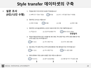 Style transfer 데이터셋의 구축
• 설문 조사
(9인/12인 수행)
24
만장일치
5 3 1
 