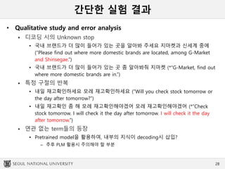 간단한 실험 결과
• Qualitative study and error analysis
 디코딩 시의 Unknown stop
• 국내 브랜드가 더 많이 들어가 있는 곳을 알아봐 주세요 지마켓과 신세계 중에
(“Please find out where more domestic brands are located, among G-Market
and Shinsegae.”)
• 국내 브랜드가 더 많이 들어가 있는 곳 좀 알아봐줘 지마켓 (*“G-Market, find out
where more domestic brands are in.”)
 특정 구절의 반복
• 내일 재고확인하세요 모레 재고확인하세요 (”Will you check stock tomorrow or
the day after tomorrow?”)
• 내일 재고확인 좀 해 모레 재고확인해야겠어 모레 재고확인해야겠어 (*”Check
stock tomorrow. I will check it the day after tomorrow. I will check it the day
after tomorrow.”)
 연관 없는 term들의 등장
• Pretrained model을 활용하여, 내부의 지식이 decoding시 삽입?
– 추후 PLM 활용시 주의해야 할 부분
28
 